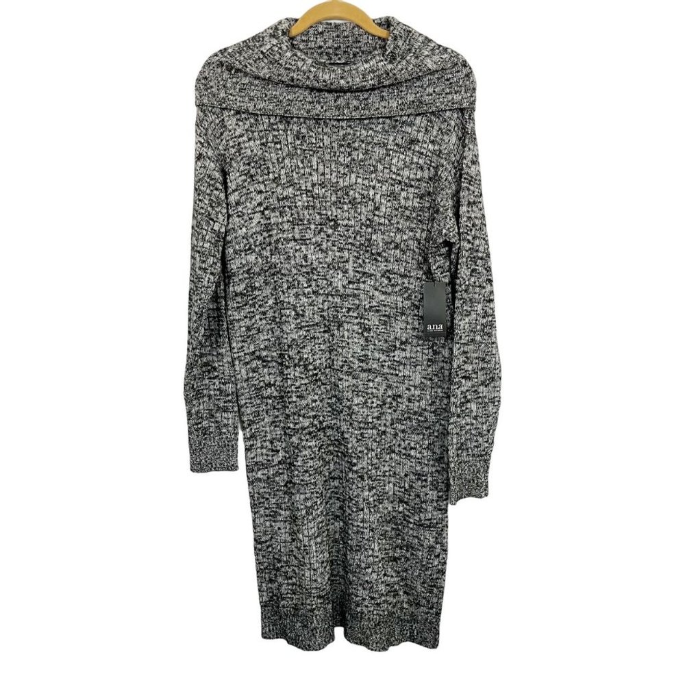 NEW ana Gray‎ & Blacked Marled Ribbed Knit Foldover Midi Sweater Dress - LARGE